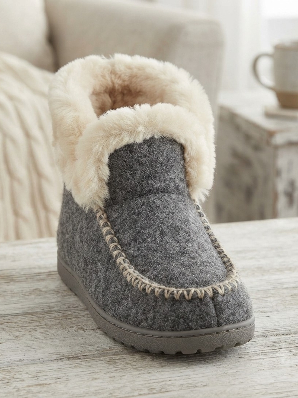 Cozy Gray Faux-Felt Slipper Boot with Cream Faux-Fur Collar